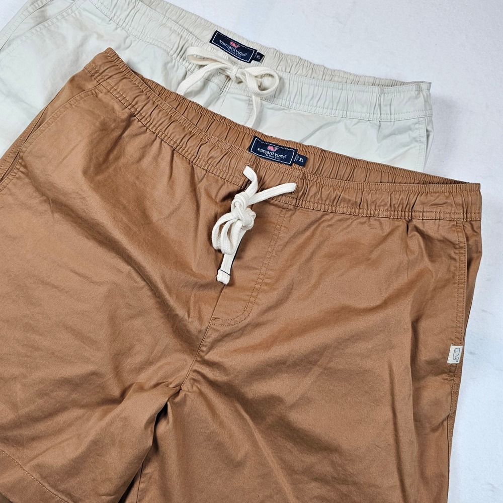 Vineyard Vines Mens XL Shorts Lot 2 Pairs Tan Stone Elastic Waist Drawstring 7in